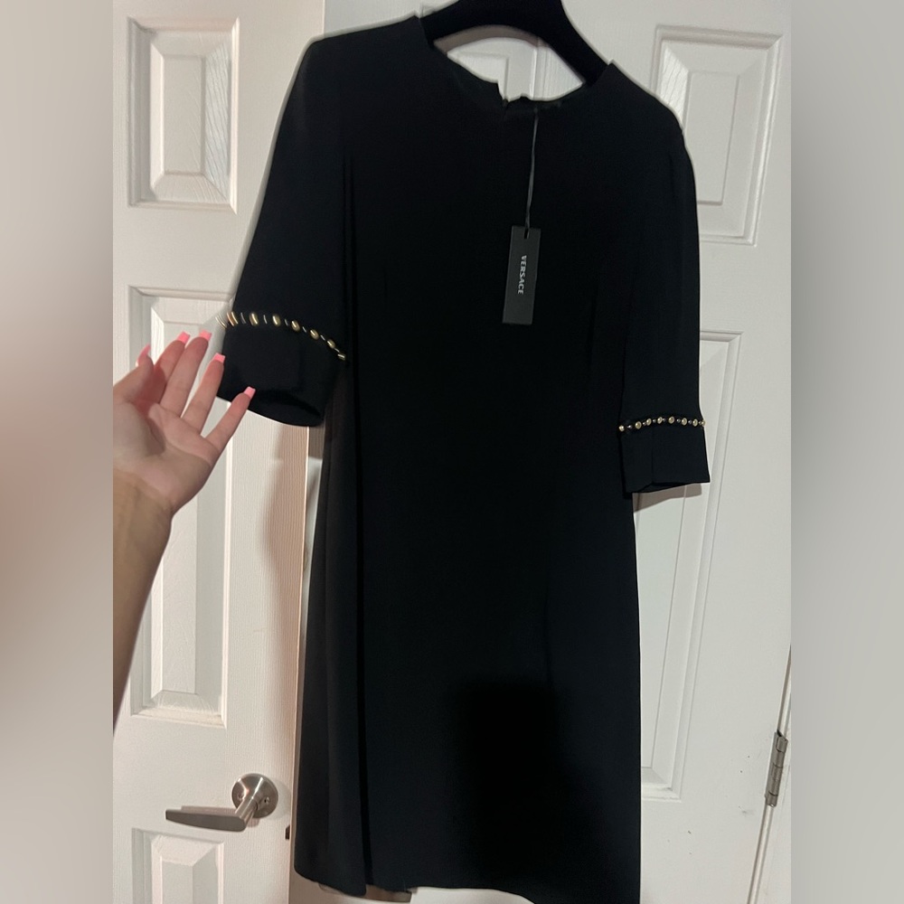 Versace Black Aline Dress with Studded Sleeve Detail